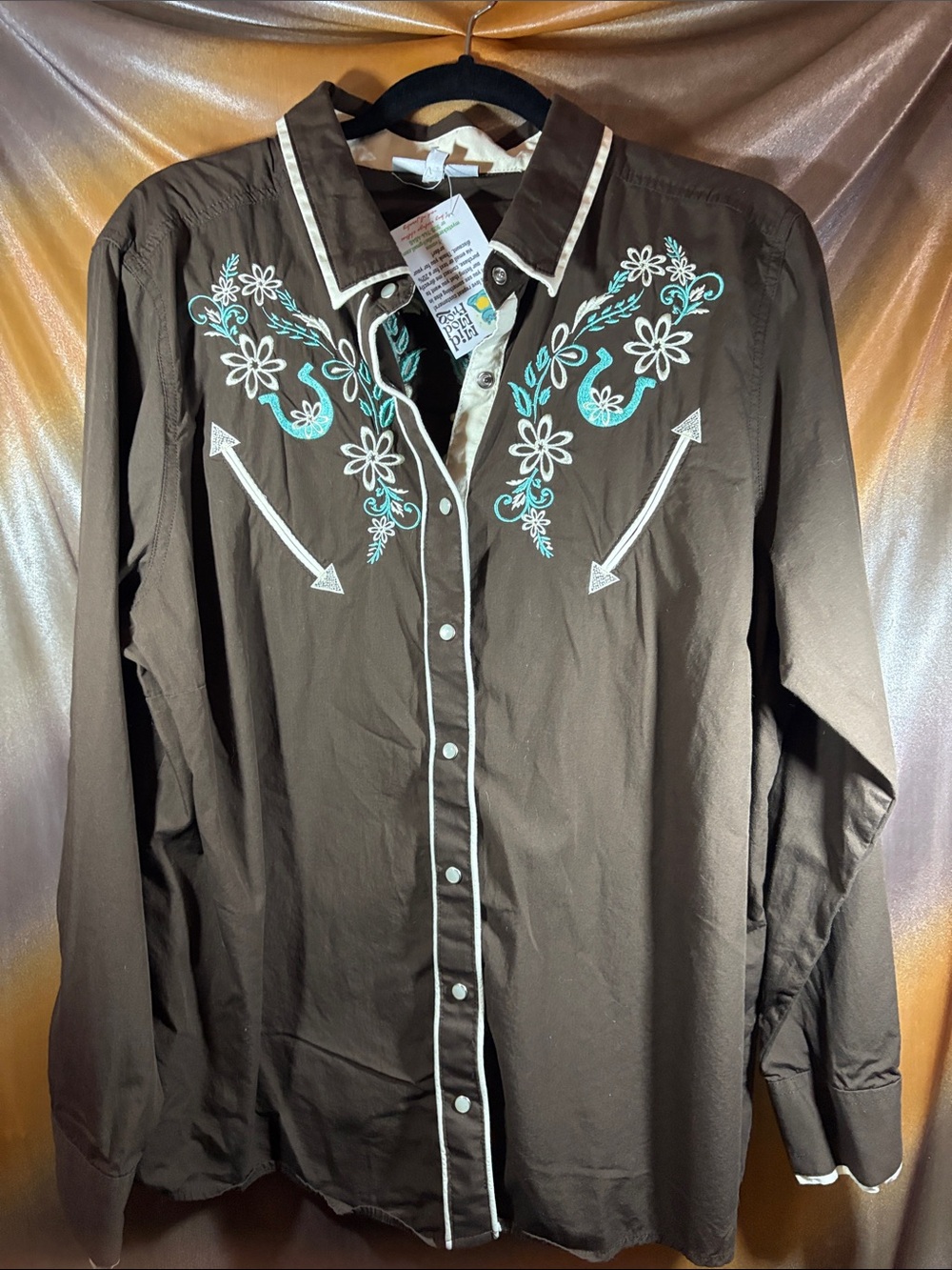WoMen's Brown Embroidered Western Button-Down Shirt Turquoise Accents. Y